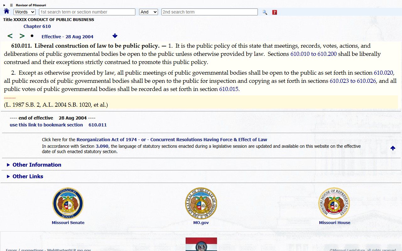 Ralls County arrest records Missouri Sunshine Law public policy