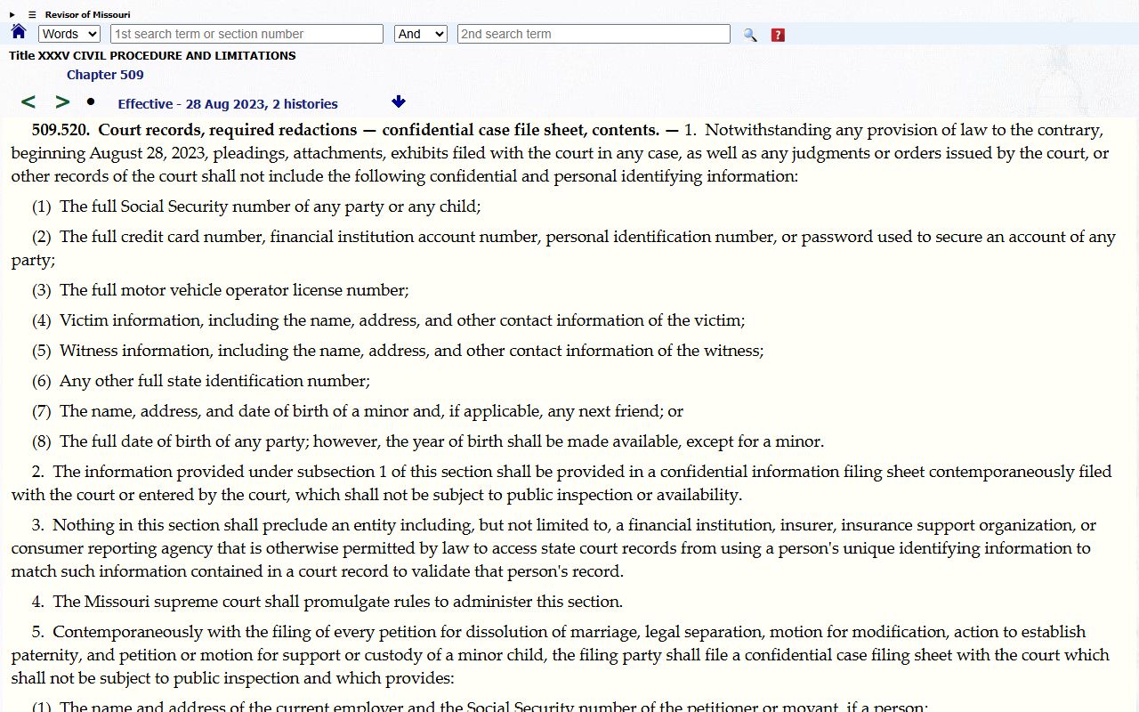 Ralls County criminal court records Missouri court redaction statute