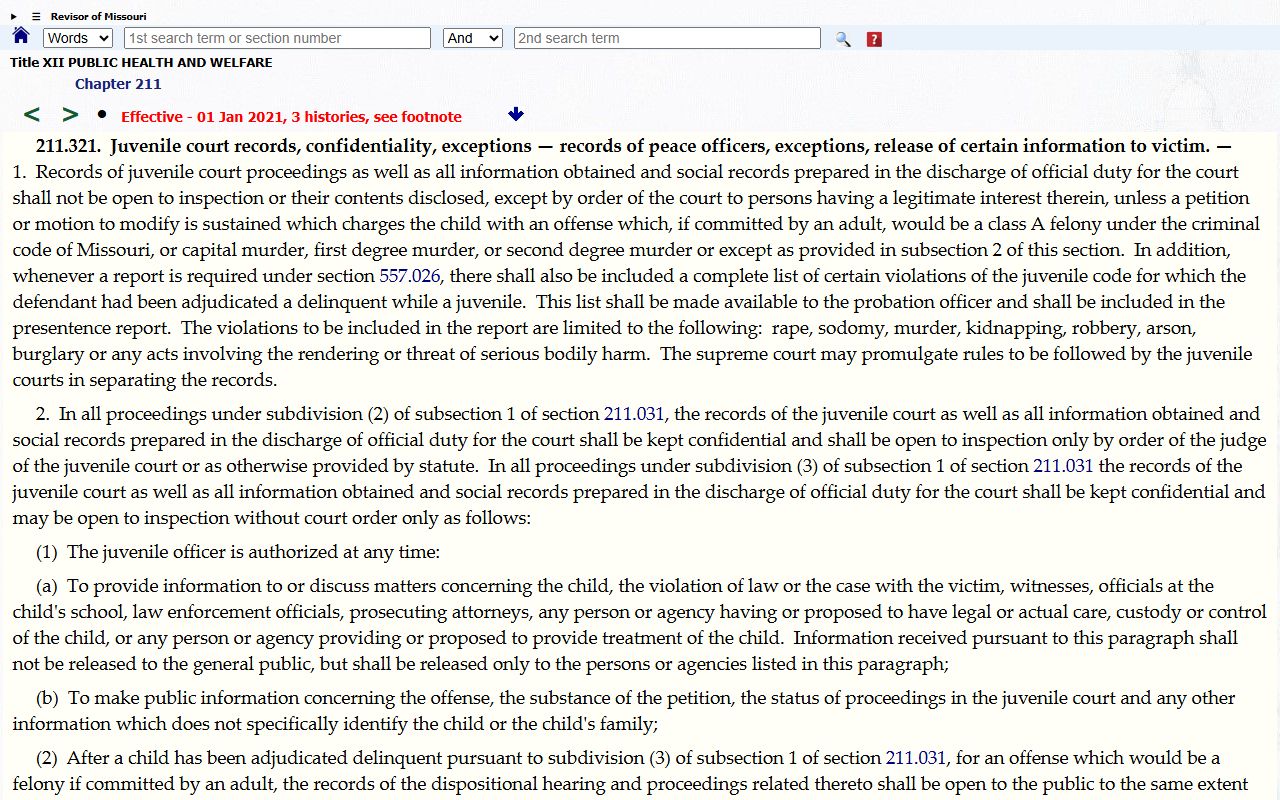 Ralls County criminal court records Missouri juvenile confidentiality statute