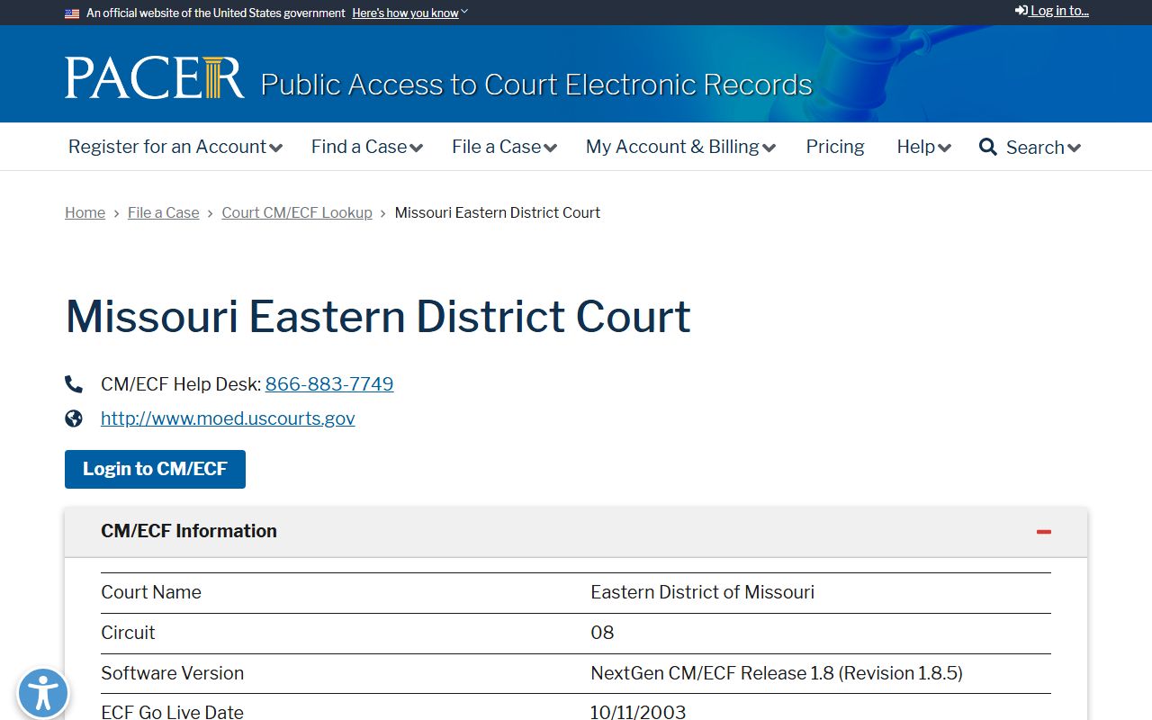 Ralls County Circuit Court Eastern District PACER lookup page