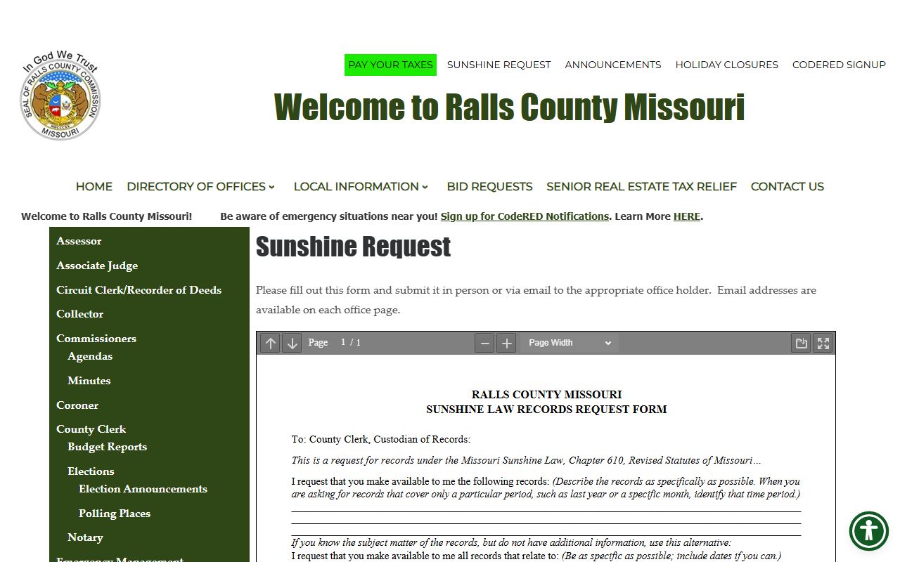 Ralls County court records Sunshine Request page