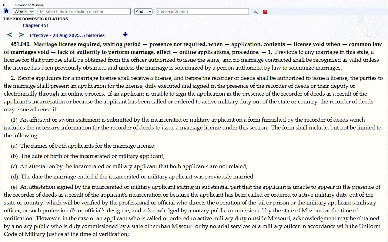 Ralls County probate records Missouri marriage statute reference